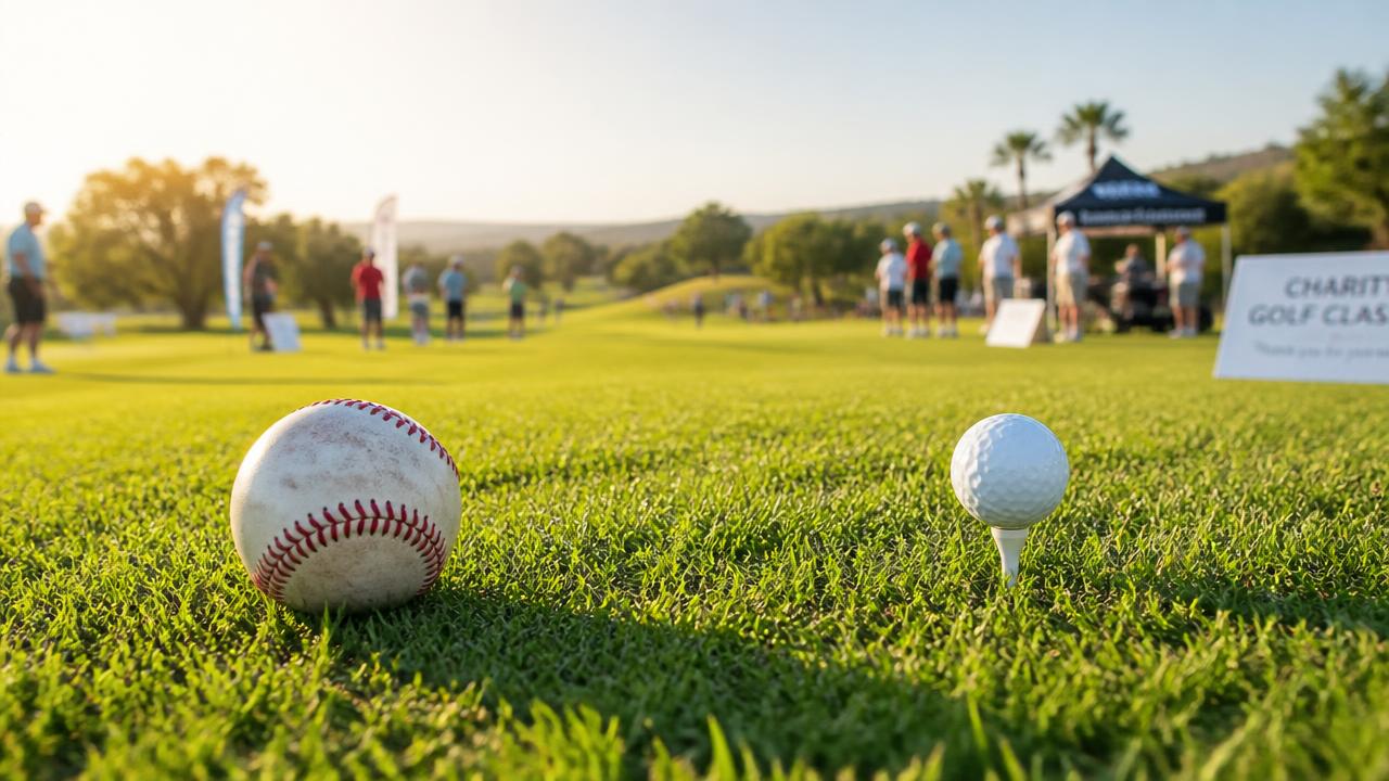 Baseball and golf ball on a sunny fairway for the Breds Golf Tournament